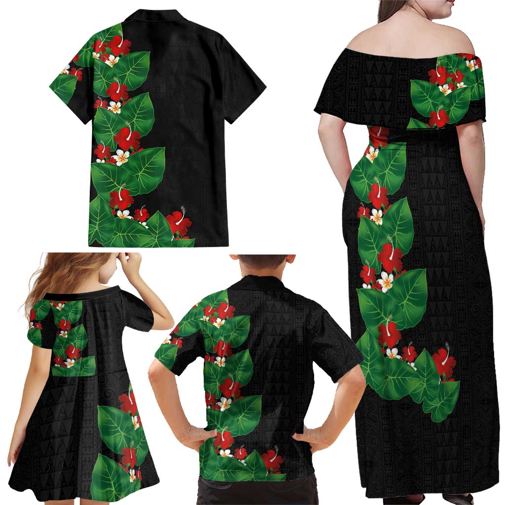 Hawaiian Taro Leaves-Hibiscus and Plumeria Family Matching Off Shoulder Maxi Dress and Hawaiian Shirt Polynesian Art-Kakau Tattoo Black LT03 - Polynesian Pride