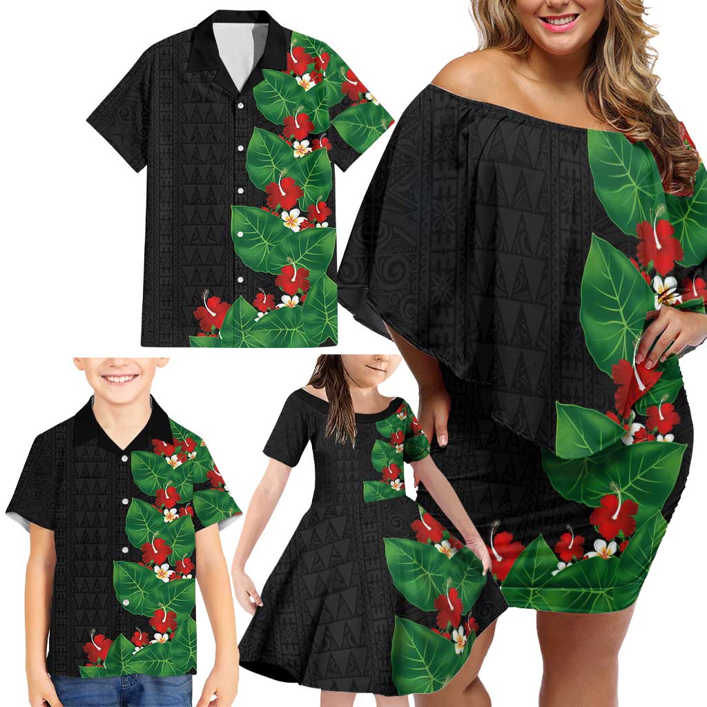 Hawaiian Taro Leaves-Hibiscus and Plumeria Family Matching Off Shoulder Short Dress and Hawaiian Shirt Polynesian Art-Kakau Tattoo Black LT03 - Polynesian Pride