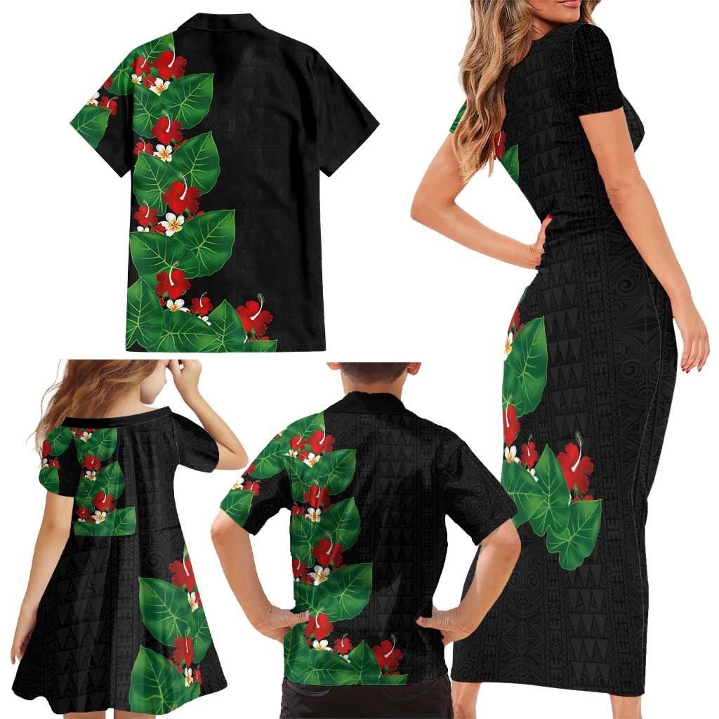 Hawaiian Taro Leaves-Hibiscus and Plumeria Family Matching Short Sleeve Bodycon Dress and Hawaiian Shirt Polynesian Art-Kakau Tattoo Black LT03 - Polynesian Pride
