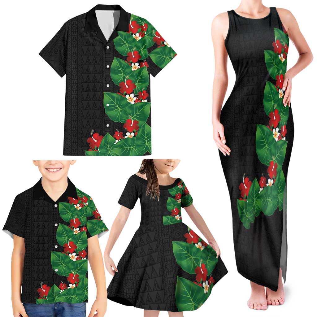 Hawaiian Taro Leaves-Hibiscus and Plumeria Family Matching Tank Maxi Dress and Hawaiian Shirt Polynesian Art-Kakau Tattoo Black LT03 - Polynesian Pride