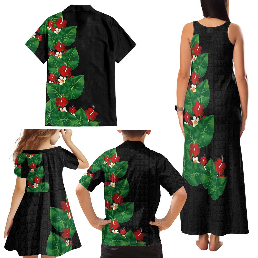 Hawaiian Taro Leaves-Hibiscus and Plumeria Family Matching Tank Maxi Dress and Hawaiian Shirt Polynesian Art-Kakau Tattoo Black LT03 - Polynesian Pride