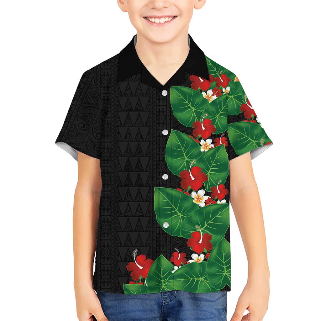 Hawaiian Taro Leaves-Hibiscus and Plumeria Family Matching Tank Maxi Dress and Hawaiian Shirt Polynesian Art-Kakau Tattoo Black LT03 Son's Shirt Black - Polynesian Pride