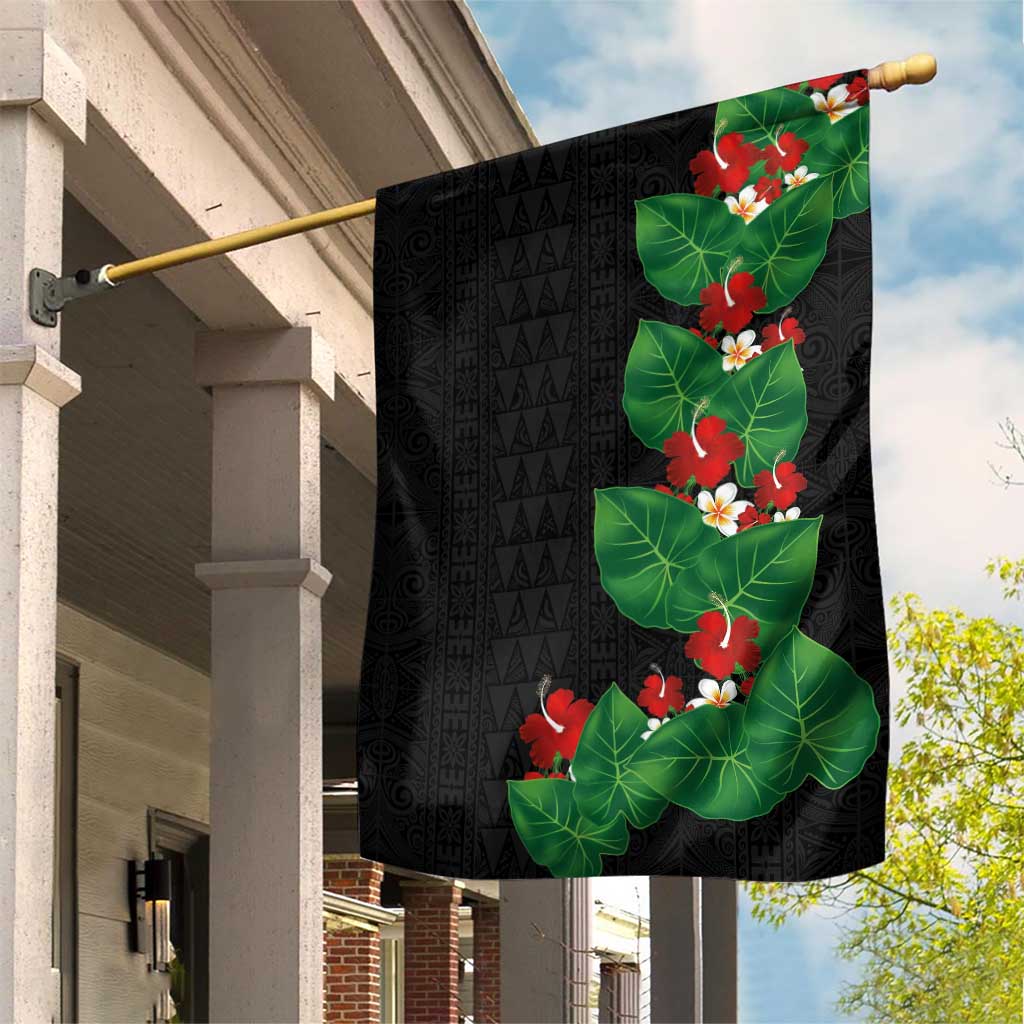 Hawaiian Taro Leaves-Hibiscus and Plumeria Garden Flag Polynesian Art-Kakau Tattoo Black