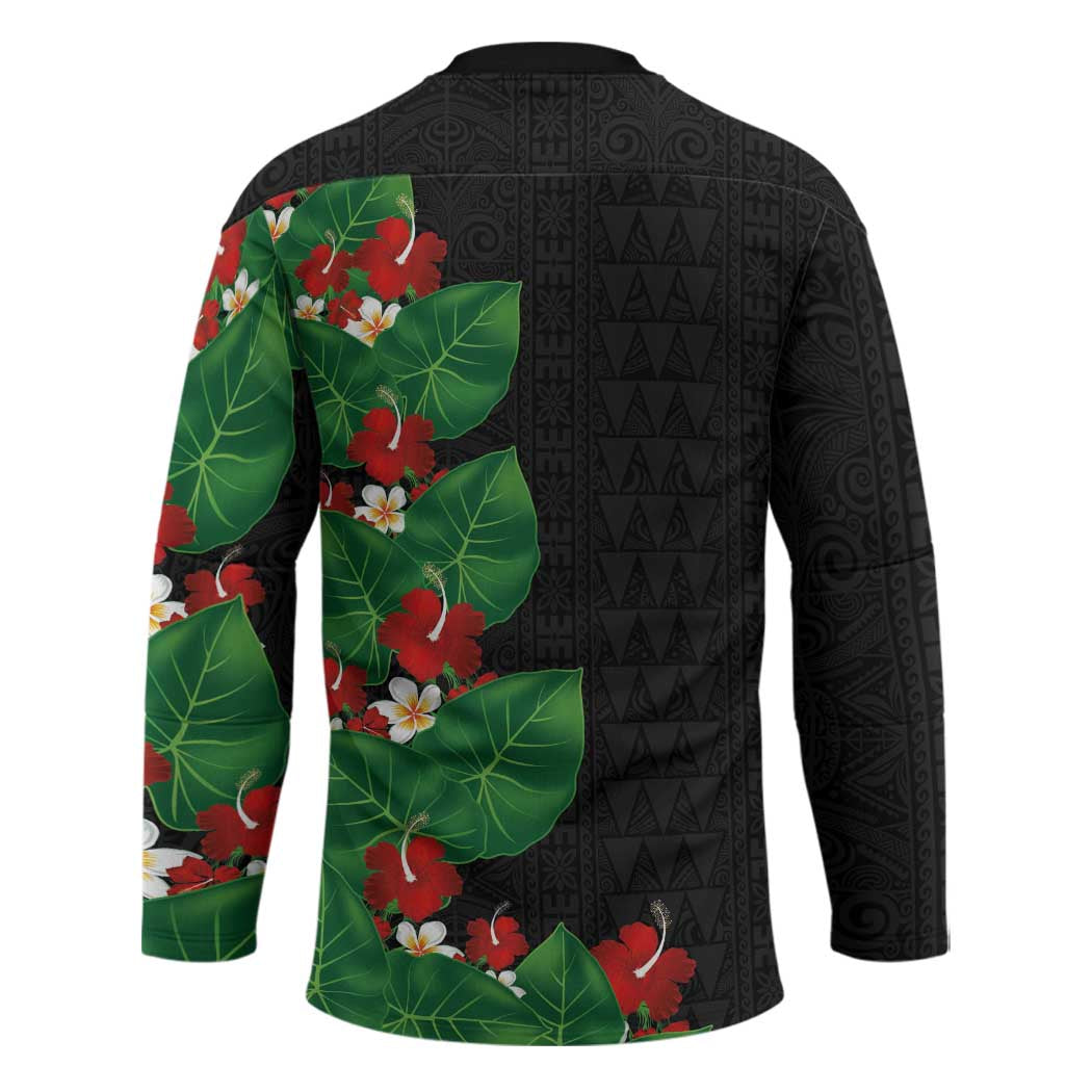 Hawaiian Taro Leaves-Hibiscus and Plumeria Hockey Jersey Polynesian Art-Kakau Tattoo Black