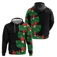 Hawaiian Taro Leaves-Hibiscus and Plumeria Hoodie Polynesian Art-Kakau Tattoo Black