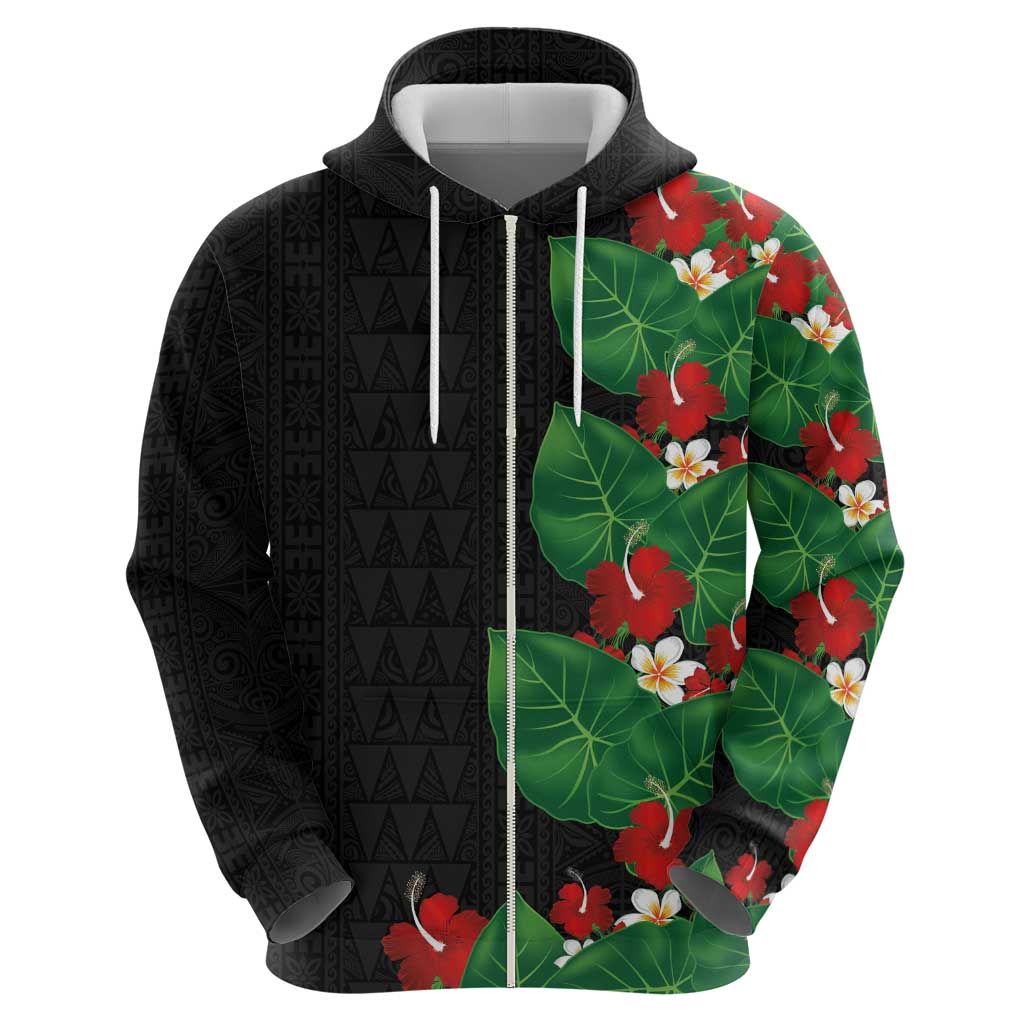 Hawaiian Taro Leaves-Hibiscus and Plumeria Hoodie Polynesian Art-Kakau Tattoo Black