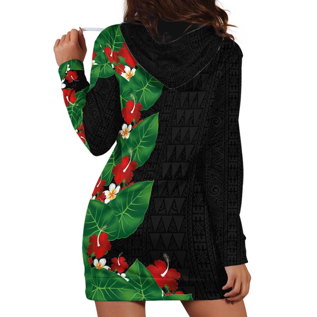 Hawaiian Taro Leaves-Hibiscus and Plumeria Hoodie Dress Polynesian Art-Kakau Tattoo Black LT03 - Polynesian Pride
