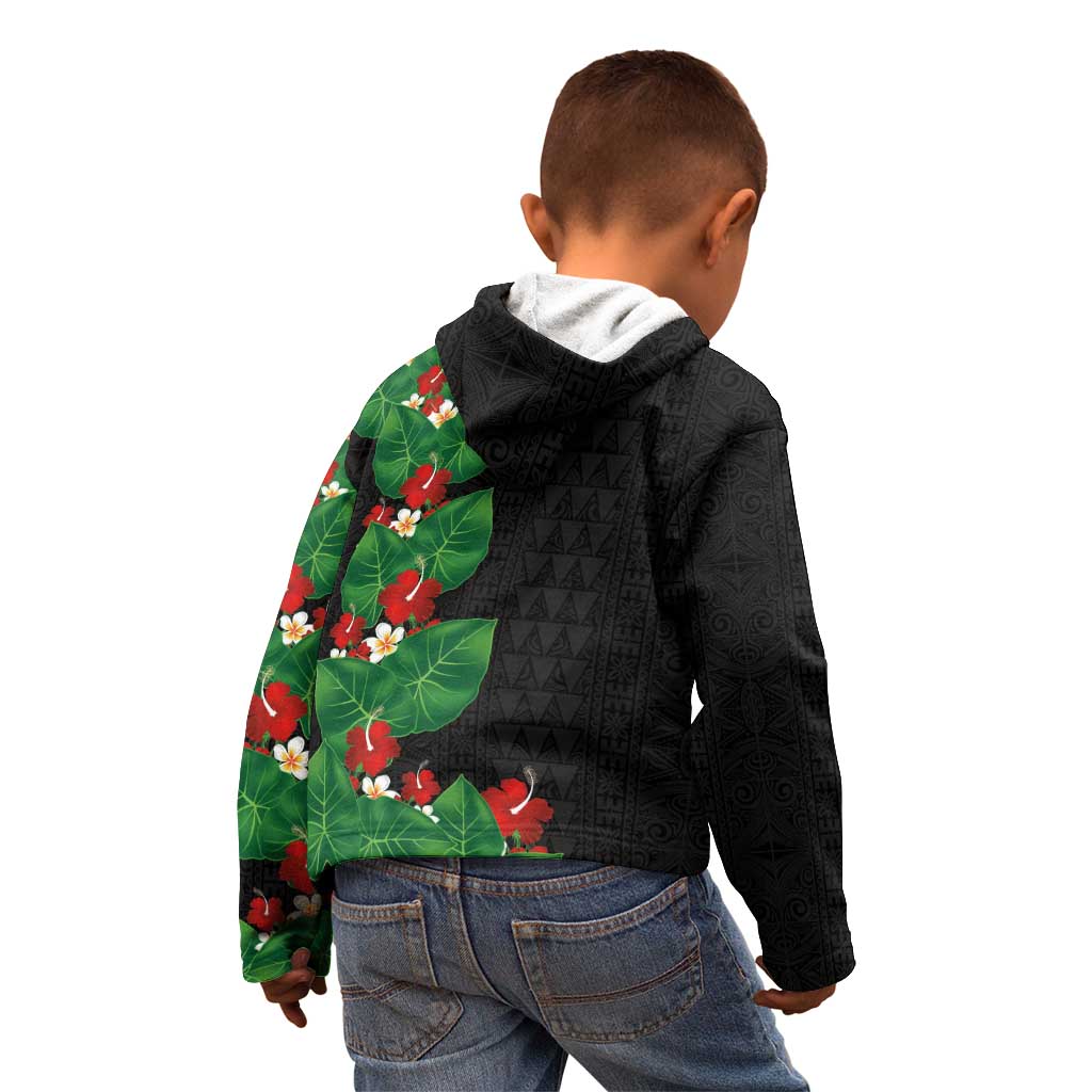 Hawaiian Taro Leaves-Hibiscus and Plumeria Kid Hoodie Polynesian Art-Kakau Tattoo Black