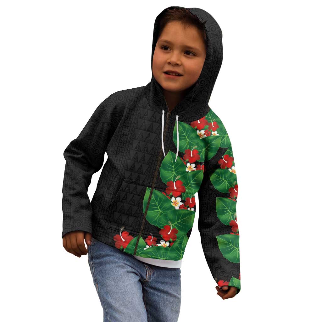 Hawaiian Taro Leaves-Hibiscus and Plumeria Kid Hoodie Polynesian Art-Kakau Tattoo Black
