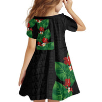 Hawaiian Taro Leaves-Hibiscus and Plumeria Kid Short Sleeve Dress Polynesian Art-Kakau Tattoo Black
