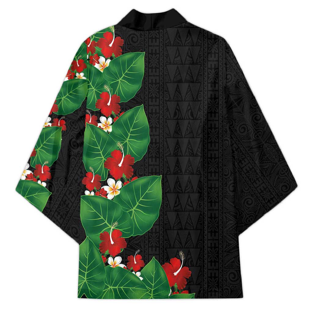 Hawaiian Taro Leaves-Hibiscus and Plumeria Kimono Polynesian Art-Kakau Tattoo Black LT03 - Polynesian Pride