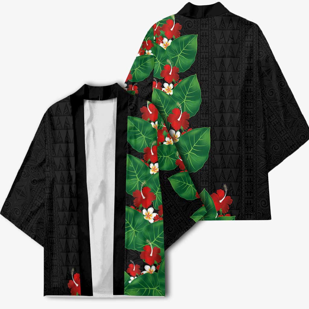 Hawaiian Taro Leaves-Hibiscus and Plumeria Kimono Polynesian Art-Kakau Tattoo Black LT03 - Polynesian Pride