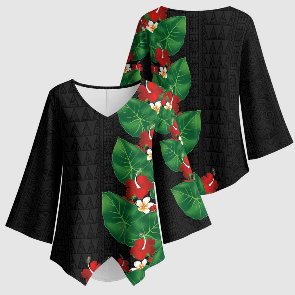Hawaiian Taro Leaves-Hibiscus and Plumeria Kimono Sleeve Blouse Polynesian Art-Kakau Tattoo Black LT03 - Polynesian Pride