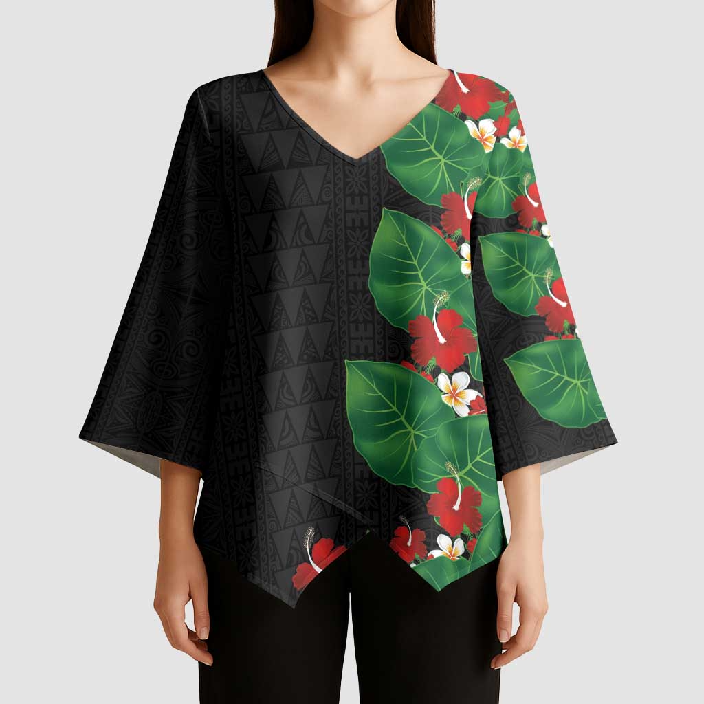 Hawaiian Taro Leaves-Hibiscus and Plumeria Kimono Sleeve Blouse Polynesian Art-Kakau Tattoo Black LT03 - Polynesian Pride