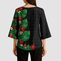 Hawaiian Taro Leaves-Hibiscus and Plumeria Kimono Sleeve Blouse Polynesian Art-Kakau Tattoo Black LT03 - Polynesian Pride
