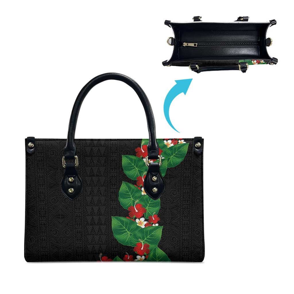 Hawaiian Taro Leaves-Hibiscus and Plumeria Leather Bag Polynesian Art-Kakau Tattoo Black LT03 - Polynesian Pride