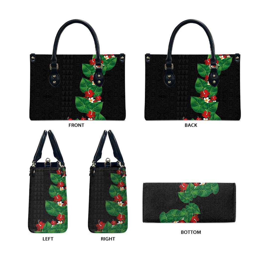 Hawaiian Taro Leaves-Hibiscus and Plumeria Leather Bag Polynesian Art-Kakau Tattoo Black LT03 - Polynesian Pride