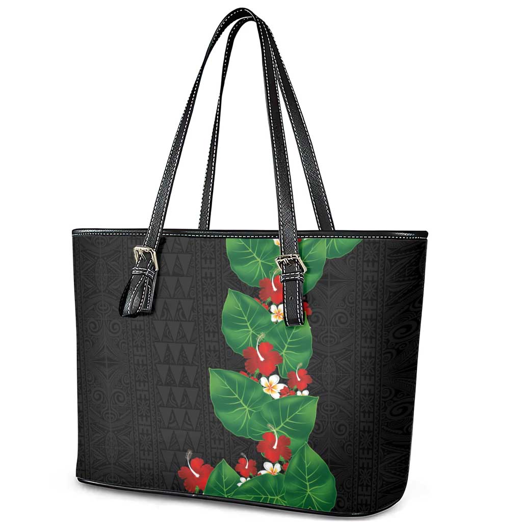 Hawaiian Taro Leaves-Hibiscus and Plumeria Leather Tote Bag Polynesian Art-Kakau Tattoo Black LT03 - Polynesian Pride