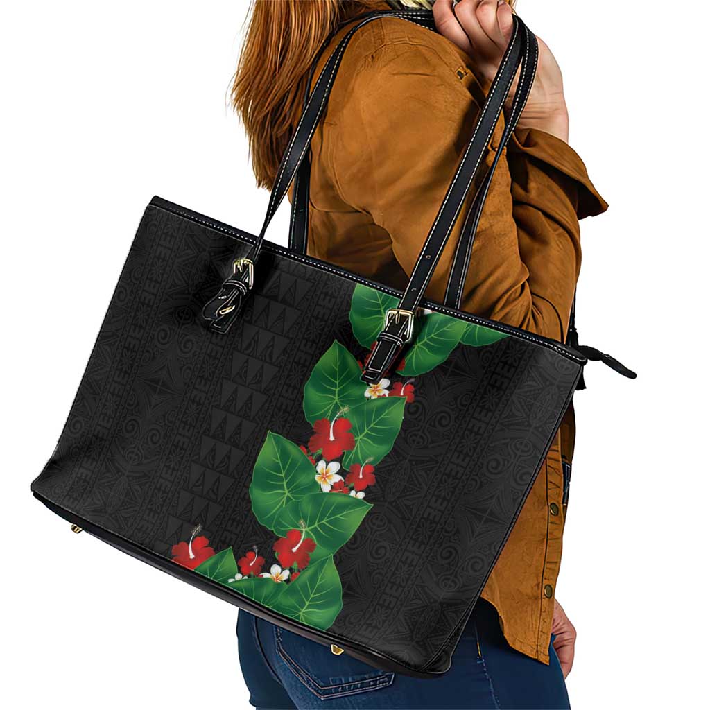 Hawaiian Taro Leaves-Hibiscus and Plumeria Leather Tote Bag Polynesian Art-Kakau Tattoo Black LT03 - Polynesian Pride