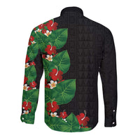 Hawaiian Taro Leaves-Hibiscus and Plumeria Long Sleeve Button Shirt Polynesian Art-Kakau Tattoo Black LT03 - Polynesian Pride