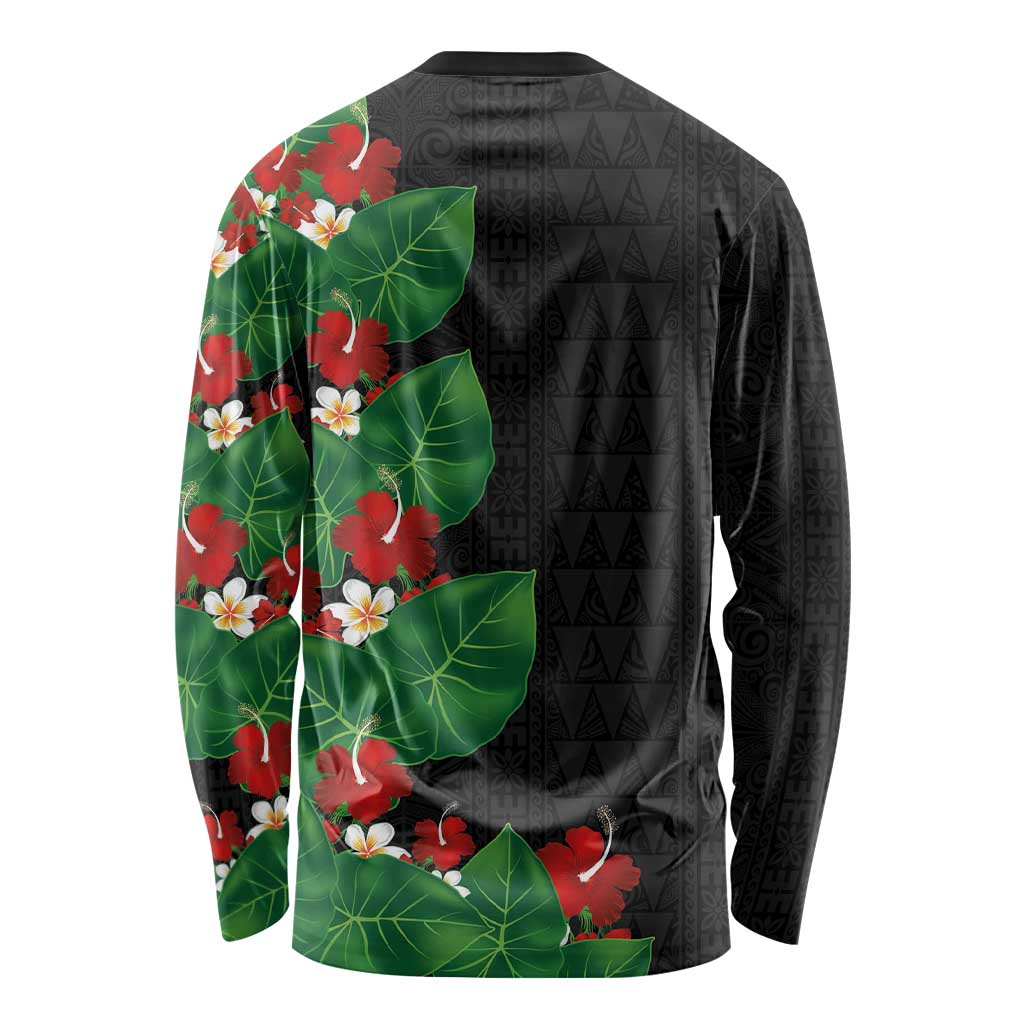 Hawaiian Taro Leaves-Hibiscus and Plumeria Long Sleeve Shirt Polynesian Art-Kakau Tattoo Black