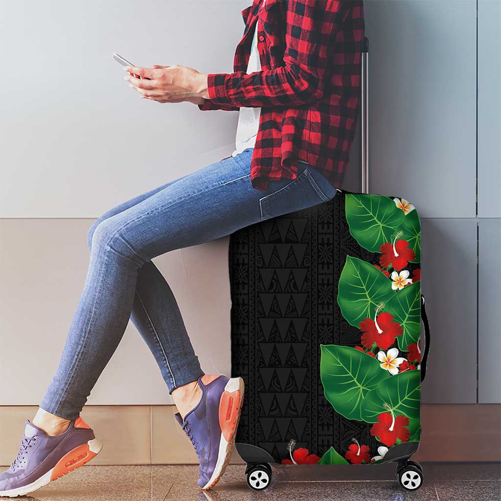 Hawaiian Taro Leaves-Hibiscus and Plumeria Luggage Cover Polynesian Art-Kakau Tattoo Black