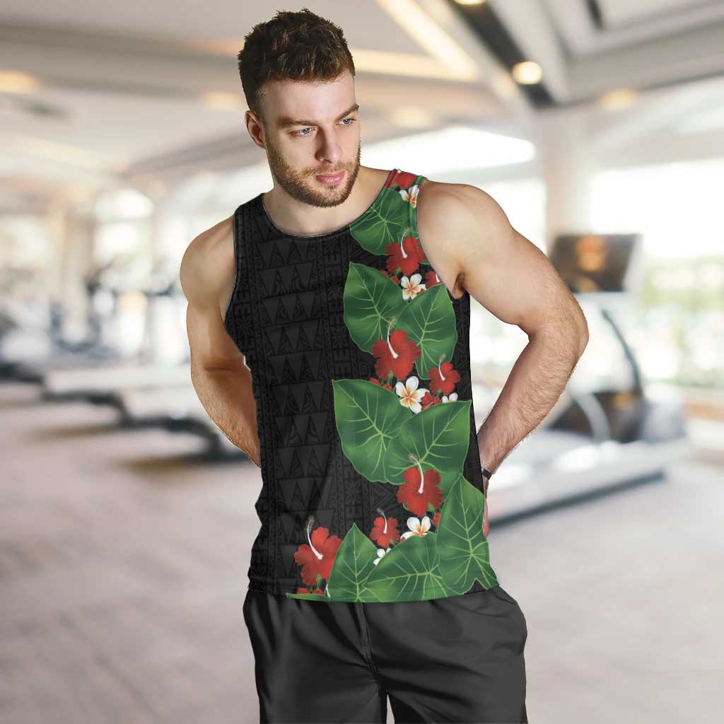 Hawaiian Taro Leaves-Hibiscus and Plumeria Men Tank Top Polynesian Art-Kakau Tattoo Black LT03 Black - Polynesian Pride