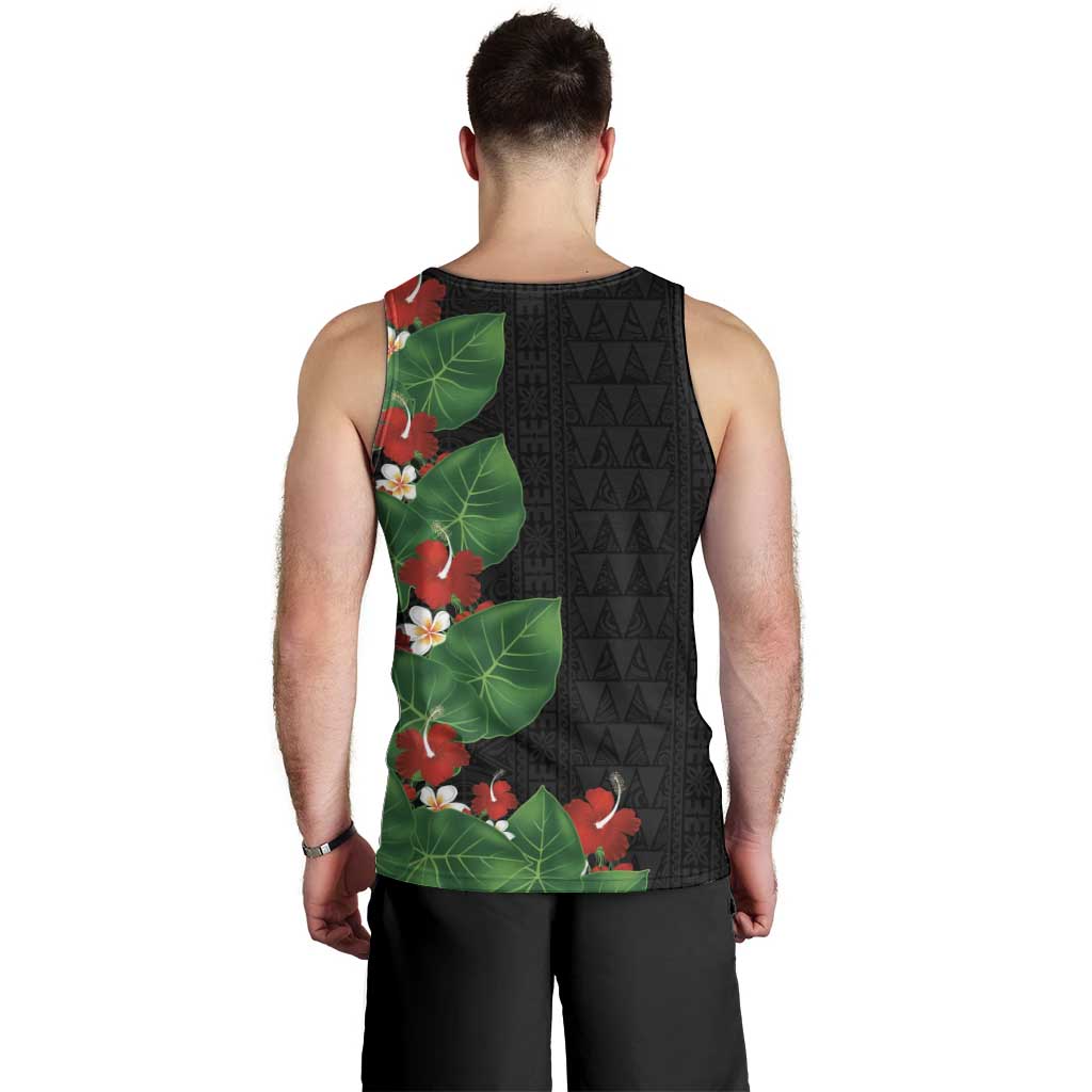 Hawaiian Taro Leaves-Hibiscus and Plumeria Men Tank Top Polynesian Art-Kakau Tattoo Black LT03 - Polynesian Pride