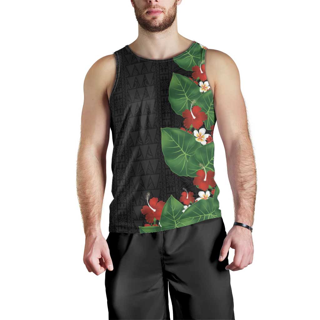 Hawaiian Taro Leaves-Hibiscus and Plumeria Men Tank Top Polynesian Art-Kakau Tattoo Black LT03 - Polynesian Pride