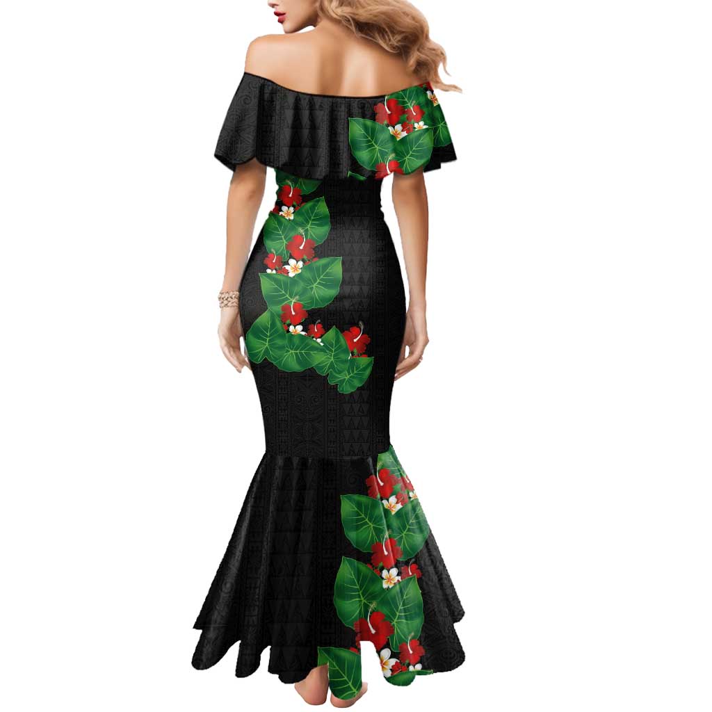 Hawaiian Taro Leaves-Hibiscus and Plumeria Mermaid Dress Polynesian Art-Kakau Tattoo Black