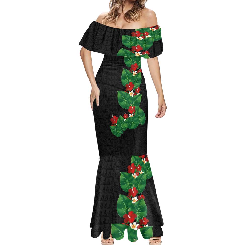 Hawaiian Taro Leaves-Hibiscus and Plumeria Mermaid Dress Polynesian Art-Kakau Tattoo Black