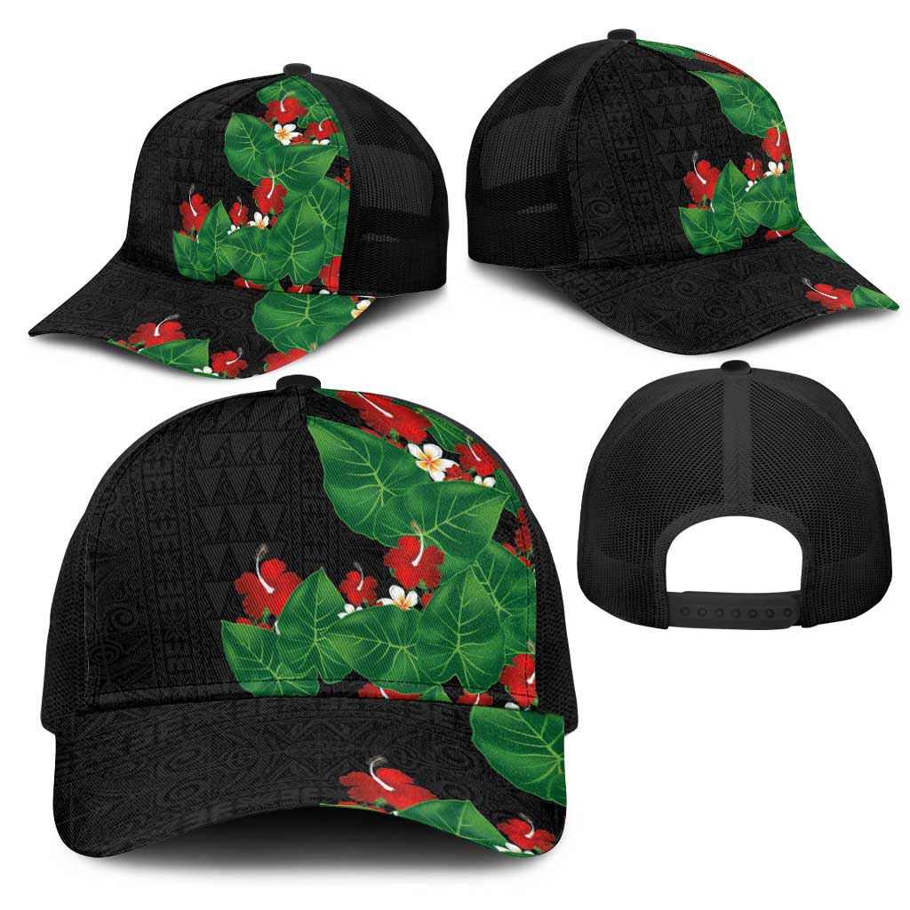 Hawaiian Taro Leaves-Hibiscus and Plumeria Mesh Trucker Cap Polynesian Art-Kakau Tattoo Black LT03 - Polynesian Pride
