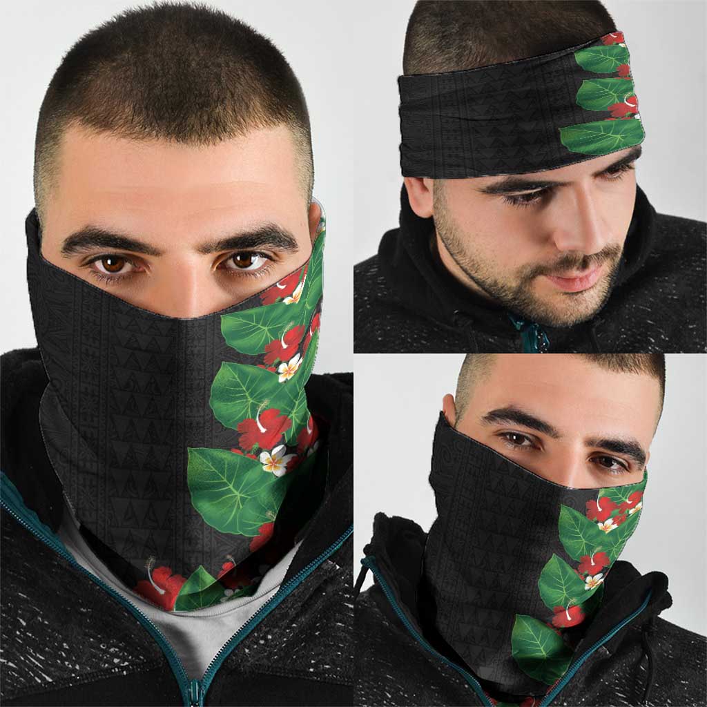 Hawaiian Taro Leaves-Hibiscus and Plumeria Neck Gaiter Polynesian Art-Kakau Tattoo Black LT03 - Polynesian Pride