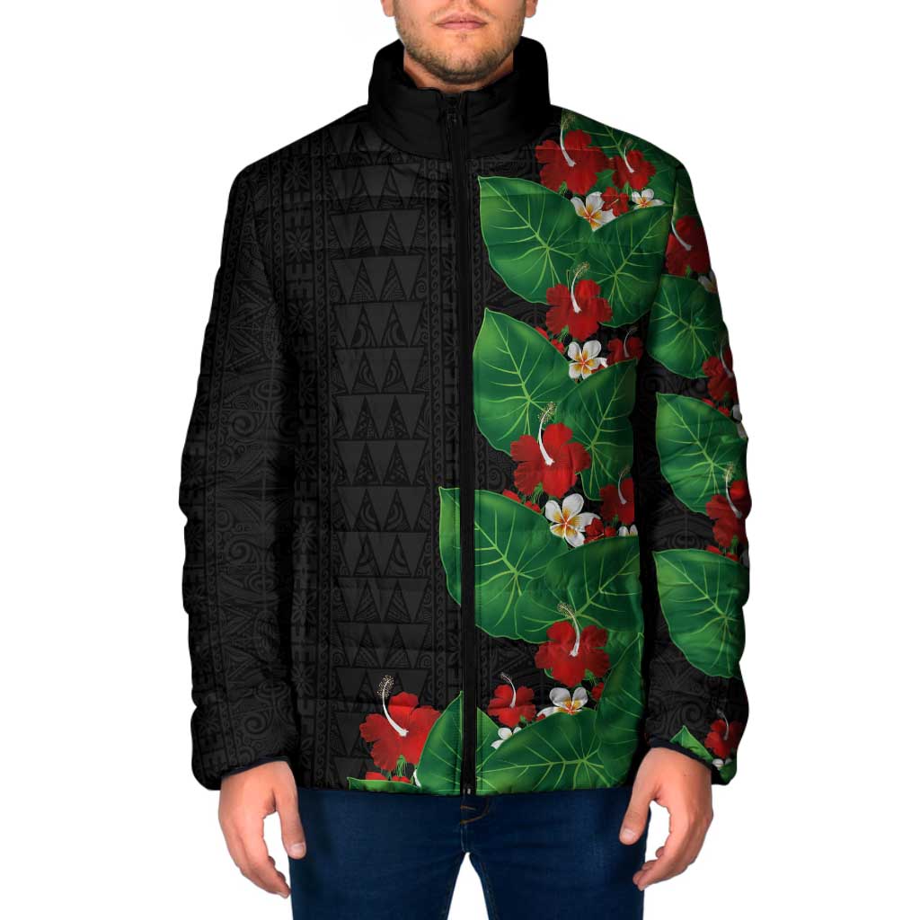 Hawaiian Taro Leaves-Hibiscus and Plumeria Padded Jacket Polynesian Art-Kakau Tattoo Black
