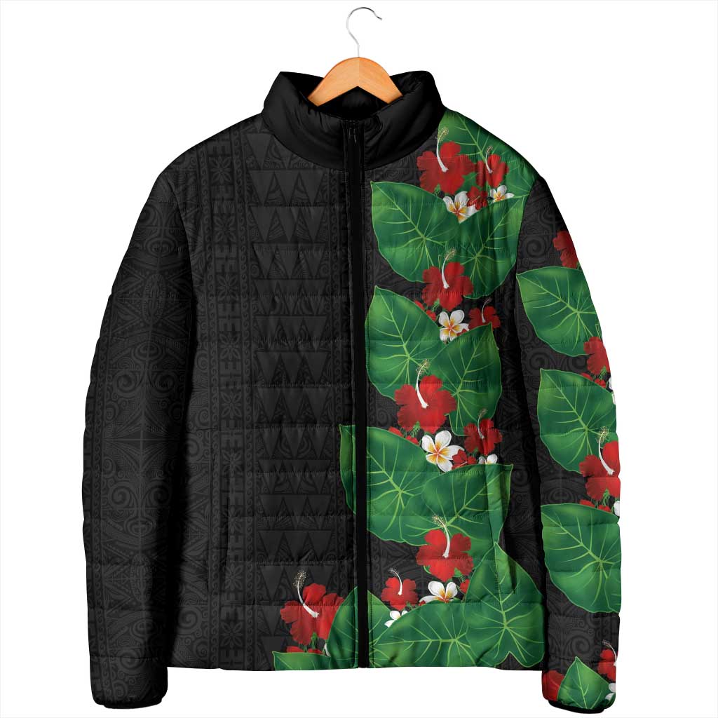 Hawaiian Taro Leaves-Hibiscus and Plumeria Padded Jacket Polynesian Art-Kakau Tattoo Black LT03 - Polynesian Pride