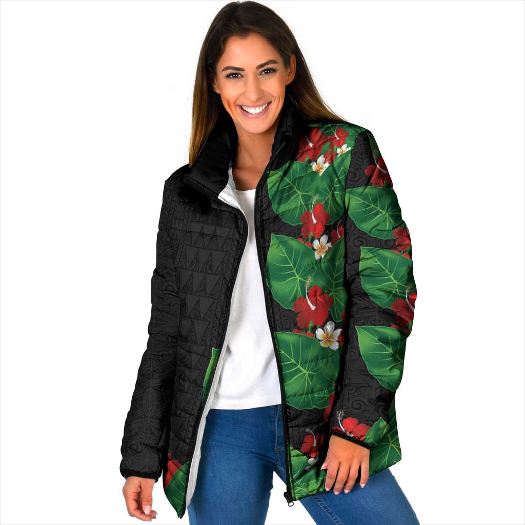 Hawaiian Taro Leaves-Hibiscus and Plumeria Padded Jacket Polynesian Art-Kakau Tattoo Black LT03 Women Black - Polynesian Pride