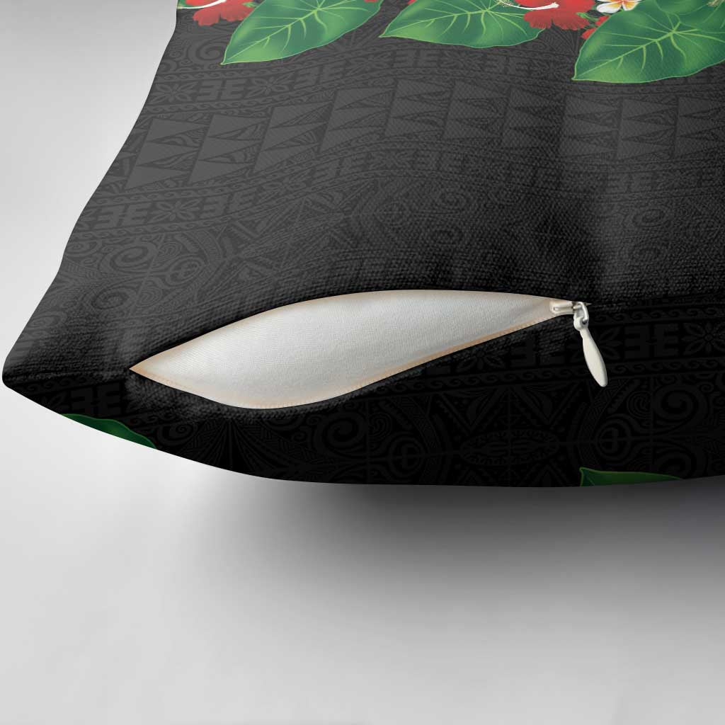 Hawaiian Taro Leaves-Hibiscus and Plumeria Pillow Cover Polynesian Art-Kakau Tattoo Black LT03 - Polynesian Pride