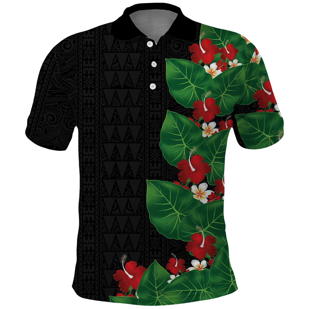 Hawaiian Taro Leaves-Hibiscus and Plumeria Polo Shirt Polynesian Art-Kakau Tattoo Black