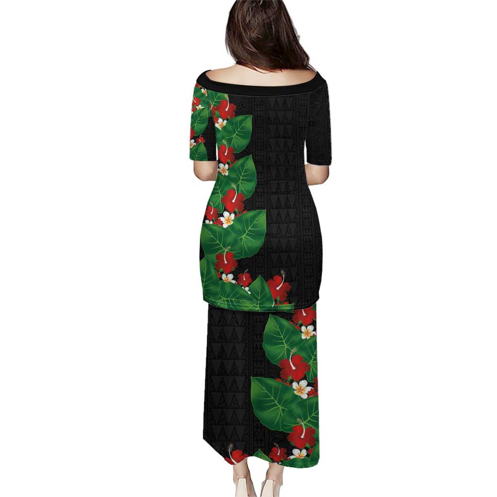 Hawaiian Taro Leaves-Hibiscus and Plumeria Puletasi Polynesian Art-Kakau Tattoo Black LT03 - Polynesian Pride