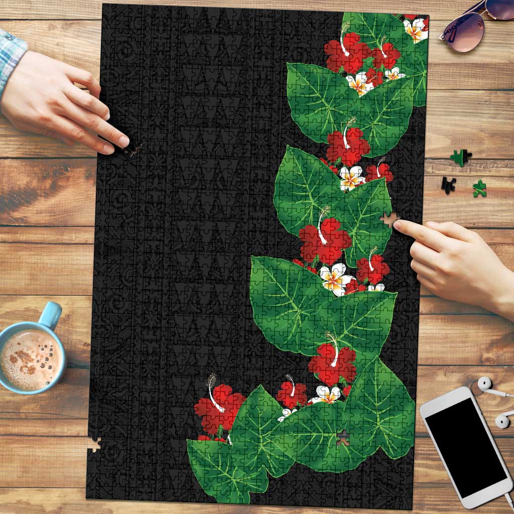 Hawaiian Taro Leaves-Hibiscus and Plumeria Puzzle Polynesian Art-Kakau Tattoo Black LT03 Black - Polynesian Pride