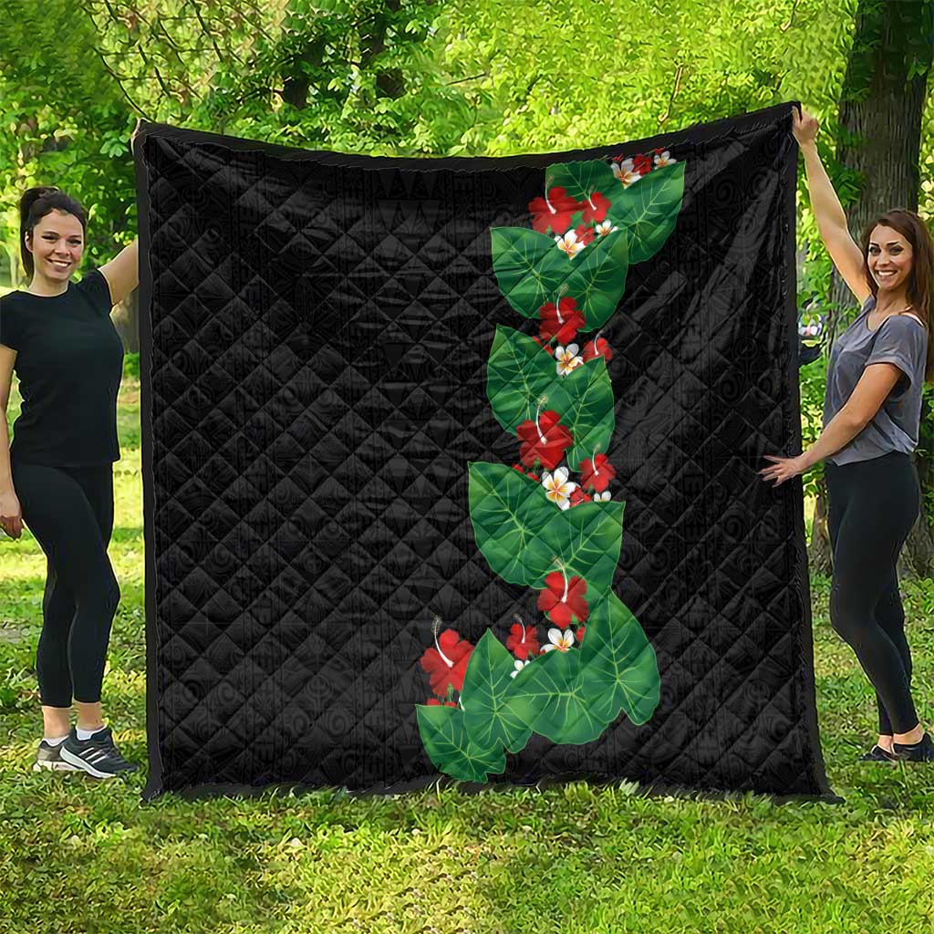 Hawaiian Taro Leaves-Hibiscus and Plumeria Quilt Polynesian Art-Kakau Tattoo Black LT03 - Polynesian Pride