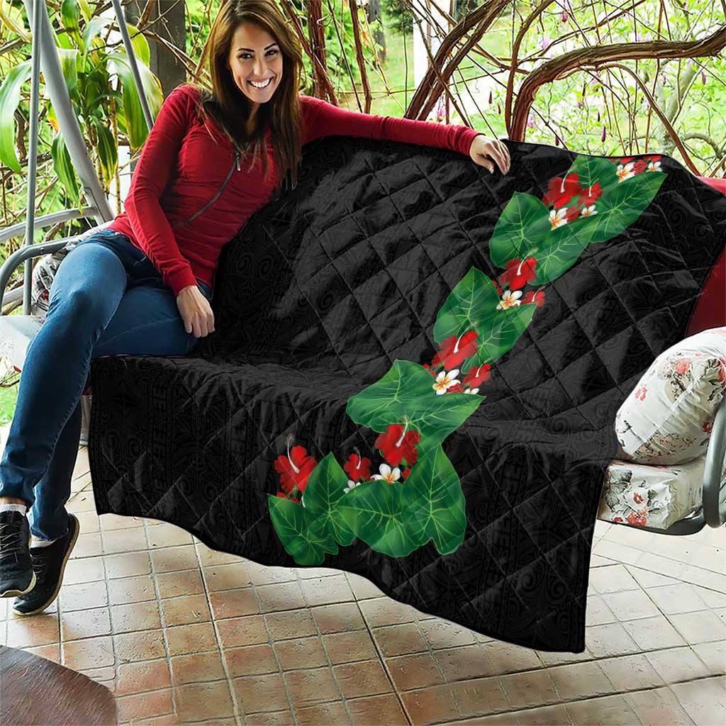 Hawaiian Taro Leaves-Hibiscus and Plumeria Quilt Polynesian Art-Kakau Tattoo Black LT03 - Polynesian Pride