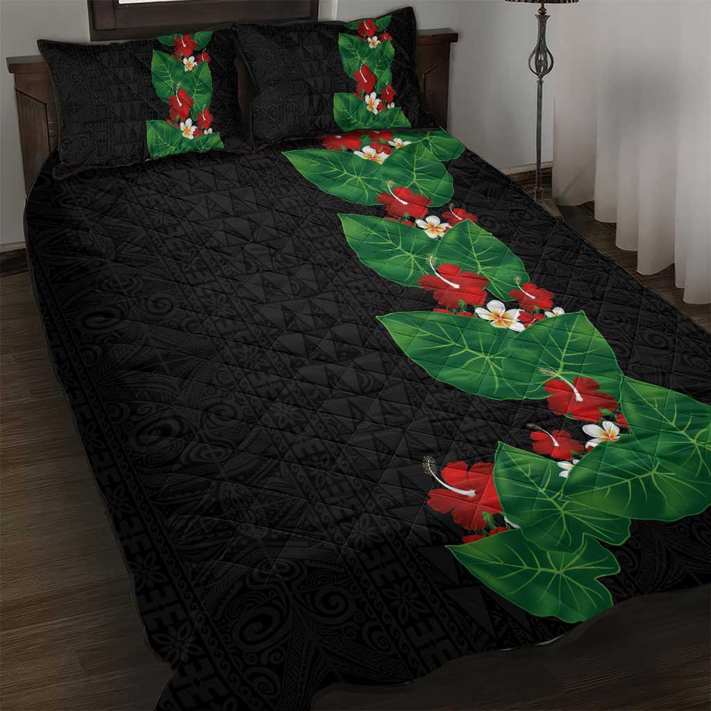 Hawaiian Taro Leaves-Hibiscus and Plumeria Quilt Bed Set Polynesian Art-Kakau Tattoo Black LT03 Black - Polynesian Pride