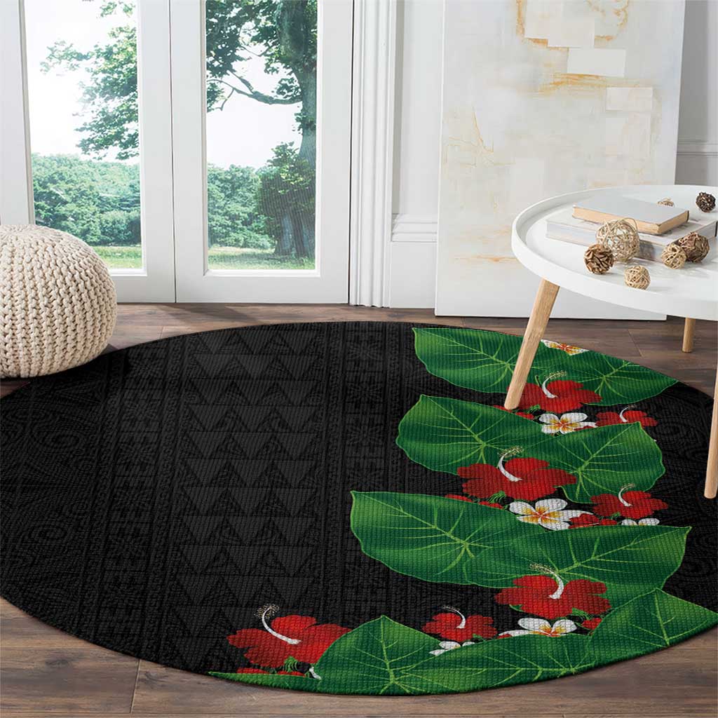 Hawaiian Taro Leaves-Hibiscus and Plumeria Round Carpet Polynesian Art-Kakau Tattoo Black LT03 - Polynesian Pride