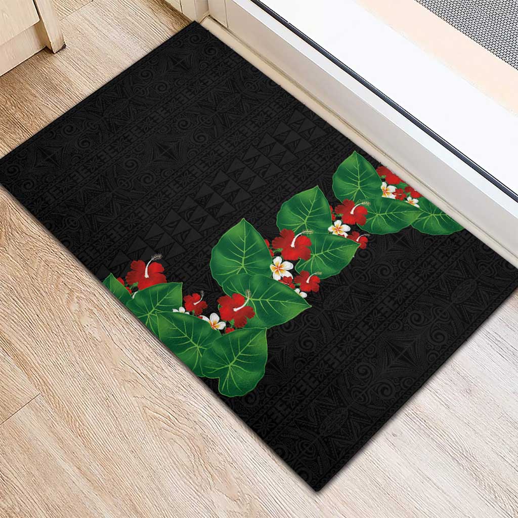 Hawaiian Taro Leaves-Hibiscus and Plumeria Rubber Doormat Polynesian Art-Kakau Tattoo Black LT03 - Polynesian Pride
