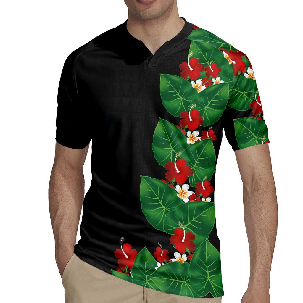Hawaiian Taro Leaves-Hibiscus and Plumeria Rugby Jersey Polynesian Art-Kakau Tattoo Black LT03 - Polynesian Pride