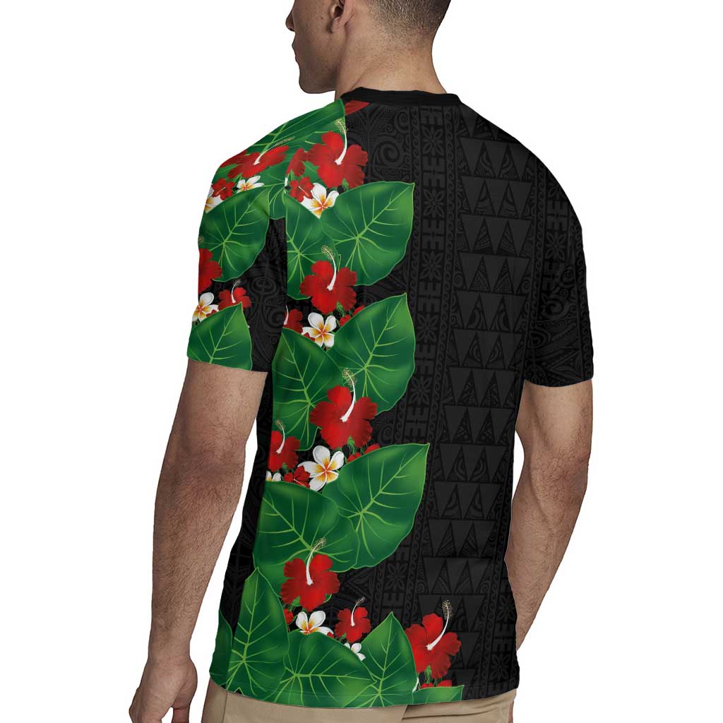 Hawaiian Taro Leaves-Hibiscus and Plumeria Rugby Jersey Polynesian Art-Kakau Tattoo Black LT03 - Polynesian Pride