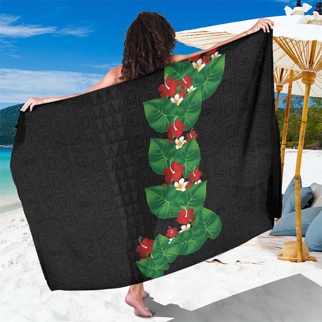 Hawaiian Taro Leaves-Hibiscus and Plumeria Sarong Polynesian Art-Kakau Tattoo Black