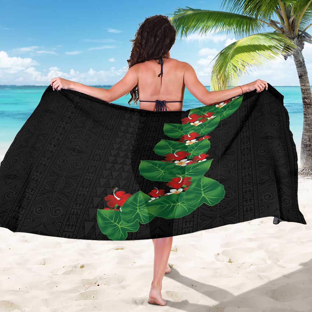 Hawaiian Taro Leaves-Hibiscus and Plumeria Sarong Polynesian Art-Kakau Tattoo Black LT03 - Polynesian Pride