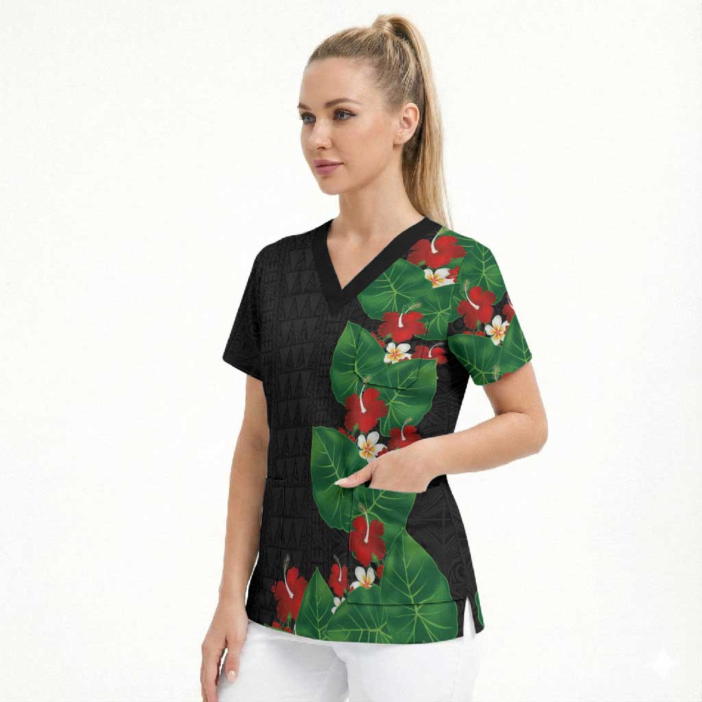 Hawaiian Taro Leaves-Hibiscus and Plumeria Scrub Top Polynesian Art-Kakau Tattoo Black LT03 - Polynesian Pride
